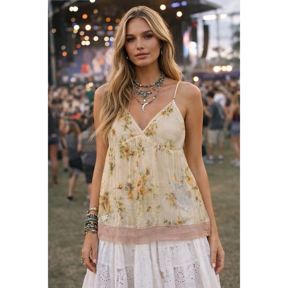 For Love And Liberty Tops - For Love and Liberty by Johnny Was M Y2K Babydoll Tank 100% Silk Butter Yellow